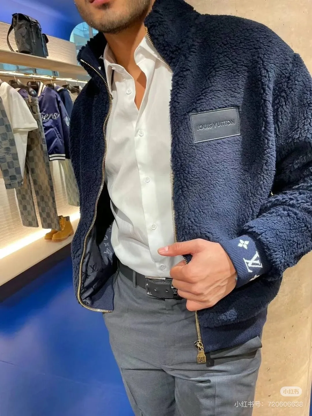 Louis Vuitton/Louis Vuitton 24Fw leather sherpa stand collar jacket